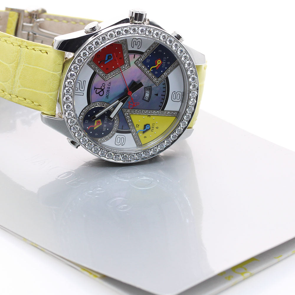 JACOB&CO 5 time zone Diamond Bezel Blue Shell/White Dial Quartz Men's Watch_912046