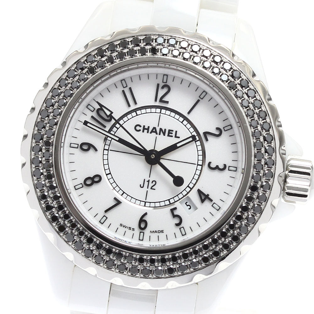 CHANEL J12 white ceramic H1630 black diamond bezel Quartz Ladies Watch_913995