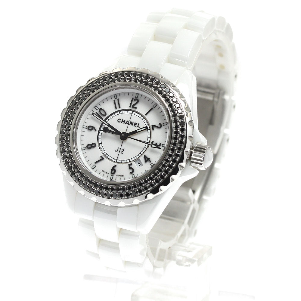 CHANEL J12 white ceramic H1630 black diamond bezel Quartz Ladies Watch_913995