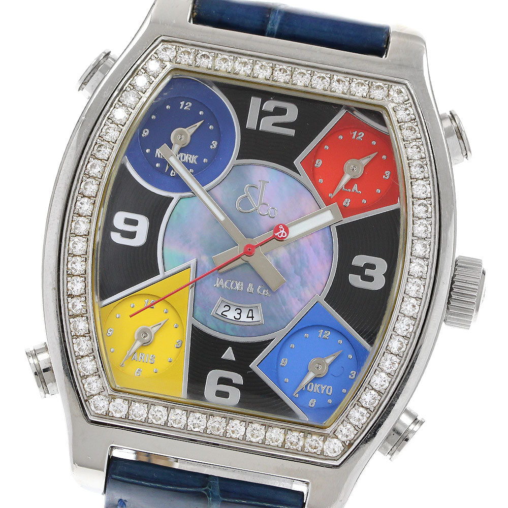 JACOB&CO Five time zone Diamond Bezel Black/Multicolor/Blue Shell Dial Quartz Men's Watch_918794