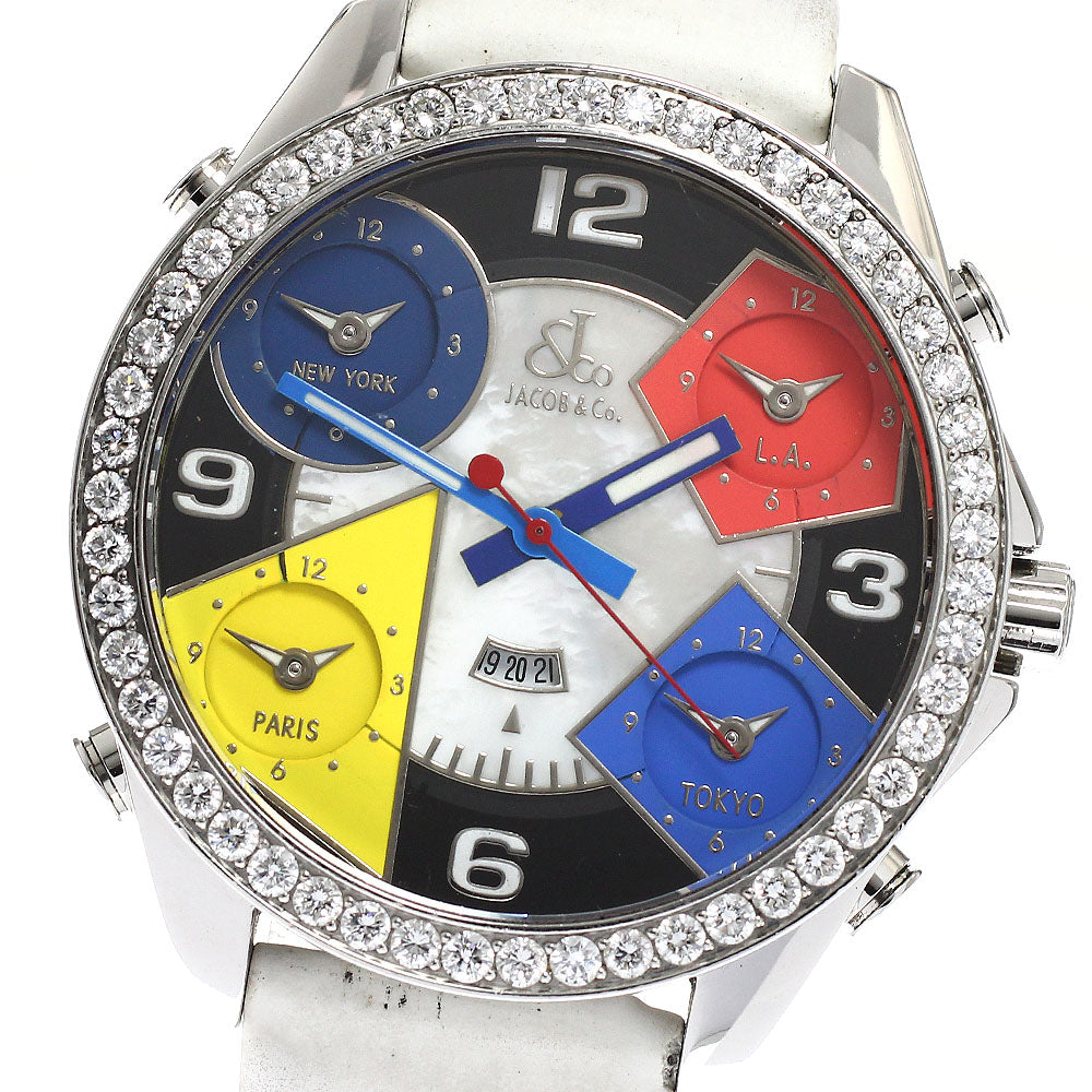 JACOB&CO 5 time zone diamond bezel date White shell / black Dial Quartz Men's Watch_922586