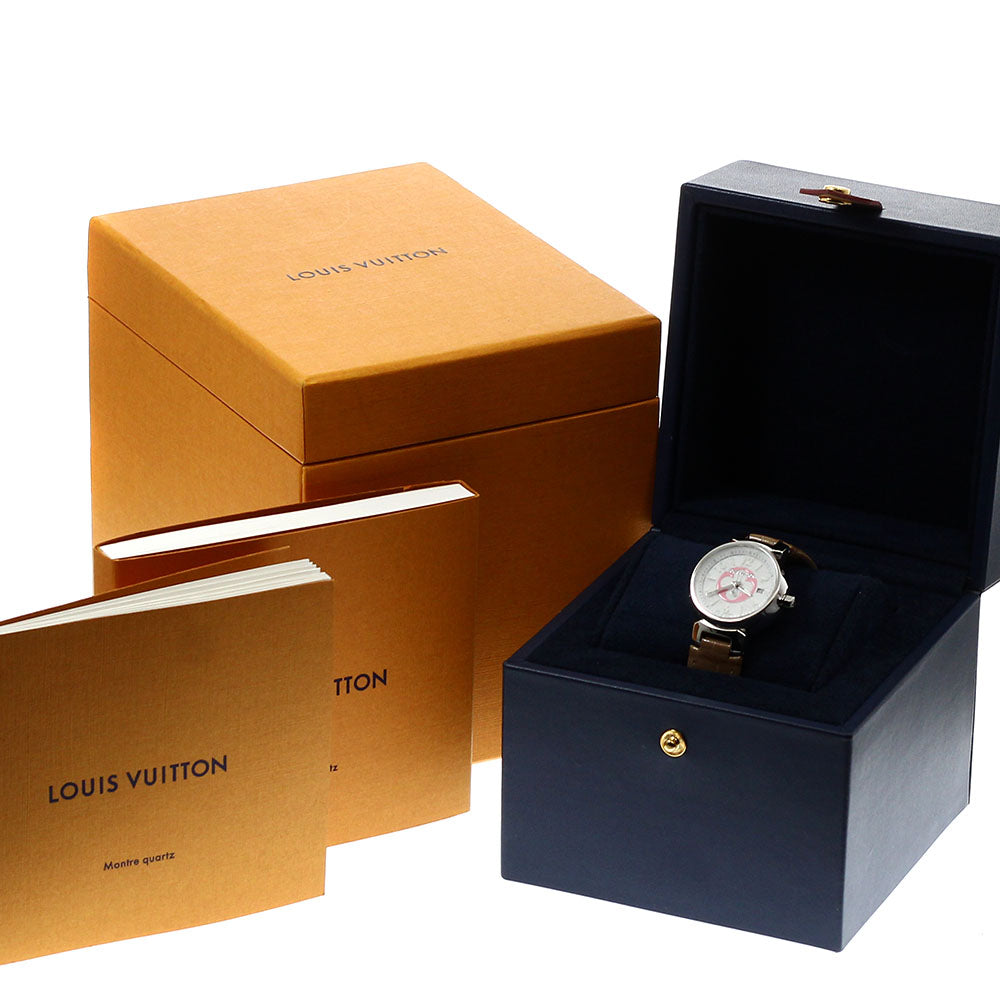 LOUIS VUITTON Tambour Damier Azur QA007 Date Japan only white Dial Quartz Ladies Watch_930190