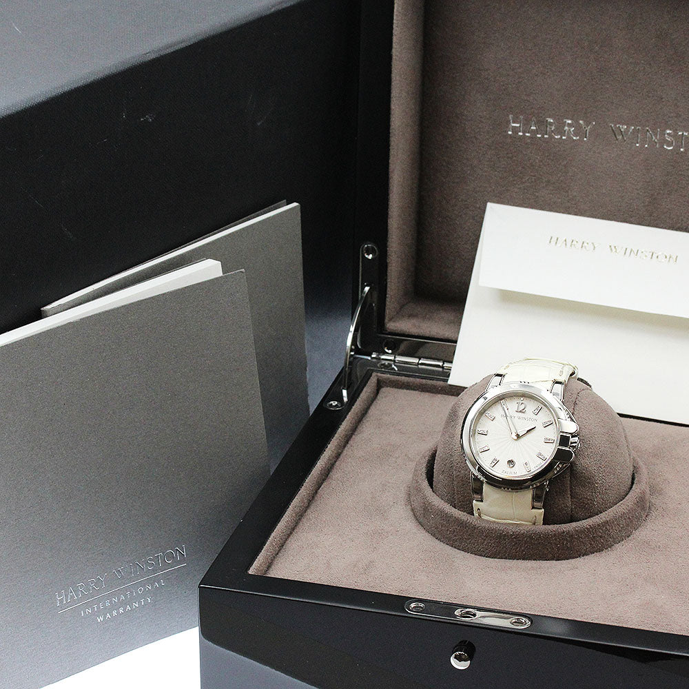 HARRY WINSTON ocean sports 411-LQ36Z/OCSQHM36ZZ001 Date Index Diamond Silver Dial Quartz Ladies Watch_930532