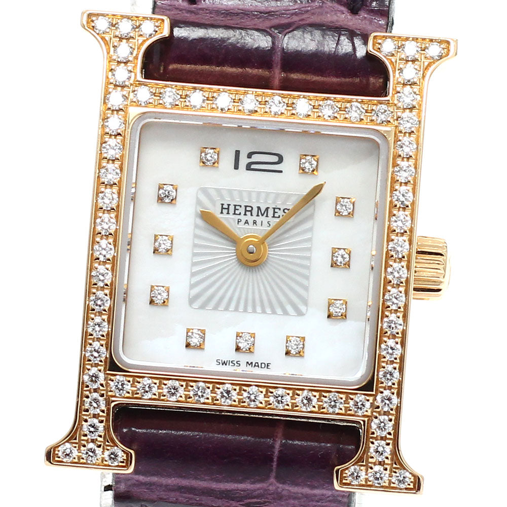 HERMES H watch mini HH1.171b K18PG 11P diamond bezel White shell Dial Quartz Ladies Watch_930879