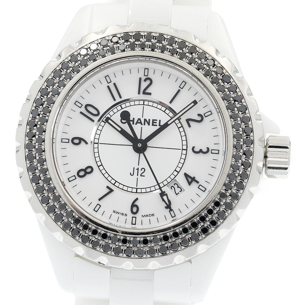 CHANEL J12 white ceramic H1630 black diamond bezel Quartz Ladies Watch_932610