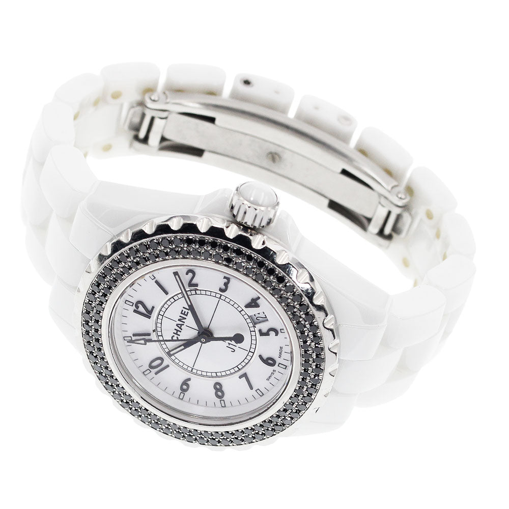 CHANEL J12 white ceramic H1630 black diamond bezel Quartz Ladies Watch_932610