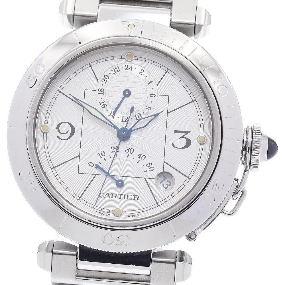 CARTIER Pasha 38mm W31037H3 GMT power reserve Silver Dial Automatic Men's Watch_936380