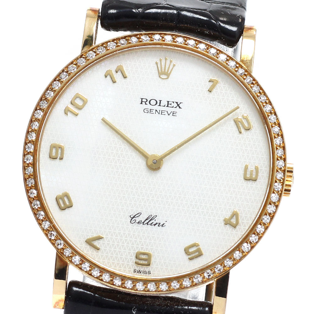 ROLEX Cellini 5114 K18YG Diamond Bezel Cal.1602 White shell Dial Hand Winding Men's Watch_936991