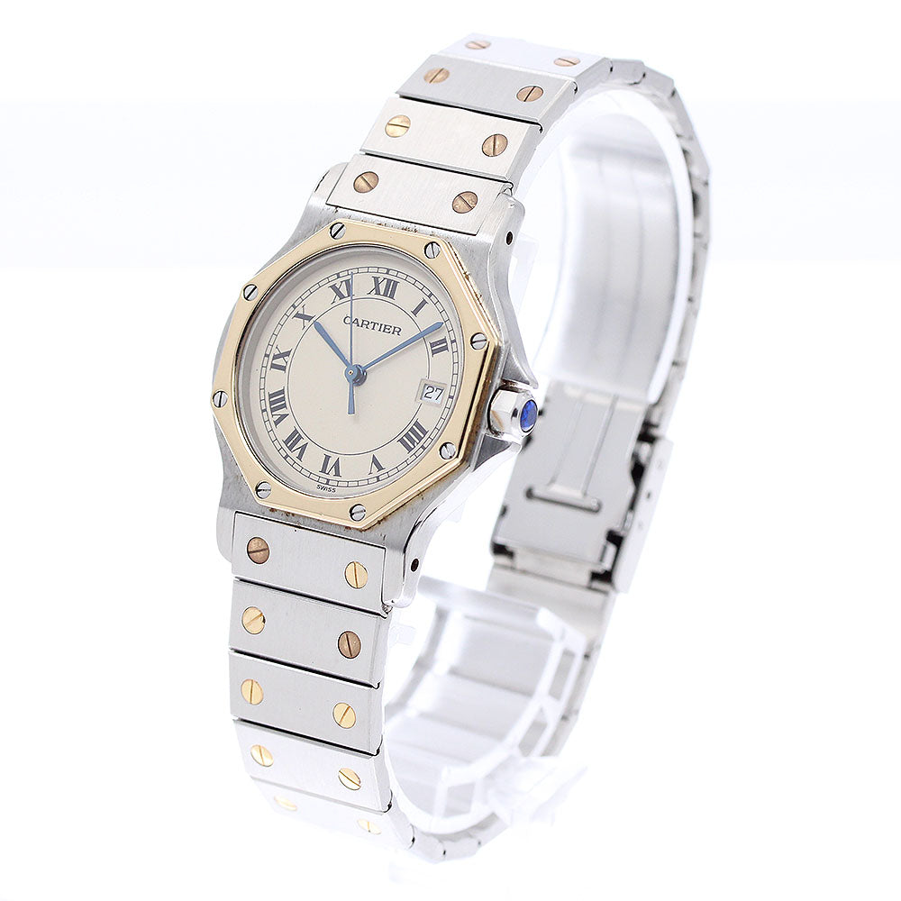 CARTIER Santos Octagon LM YG bezel Date Beige Dial Quartz Men's Watch_940021