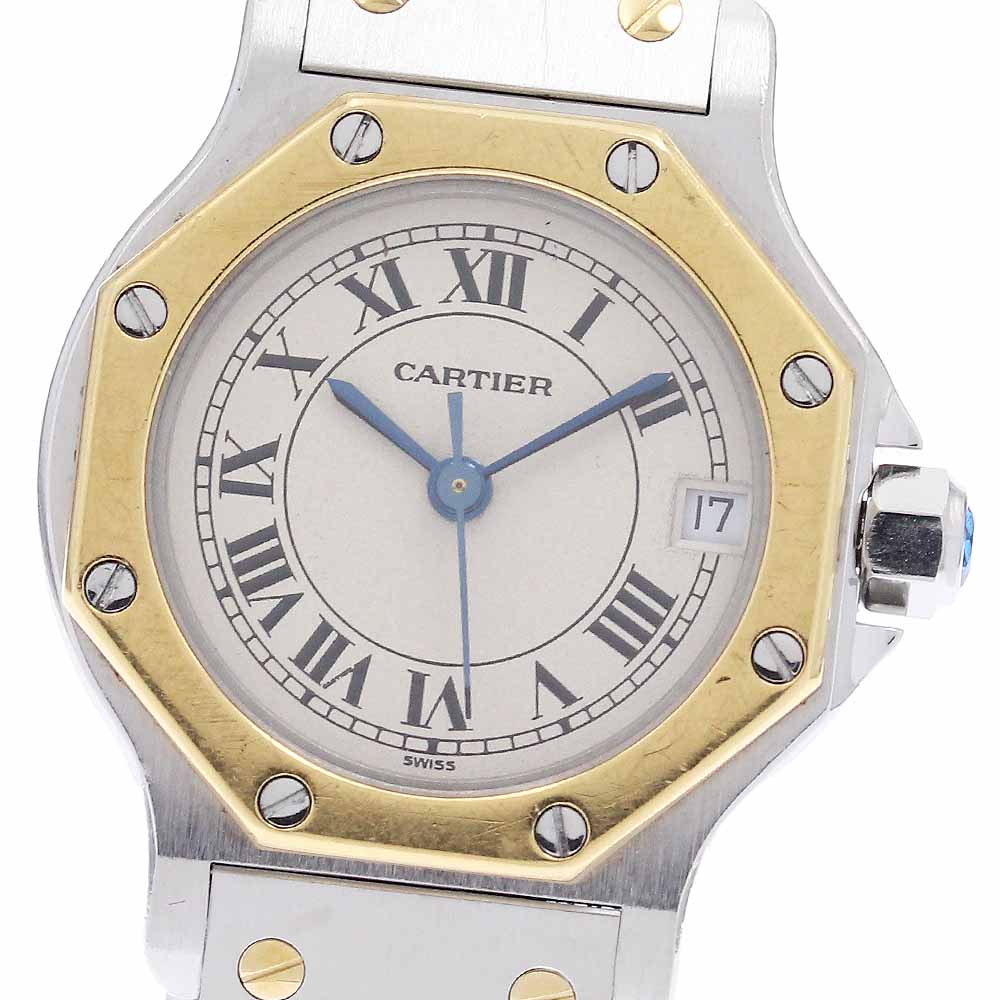 CARTIER Santos Octagon SM Date YG2 tone beige Dial Quartz Ladies Watch_943261