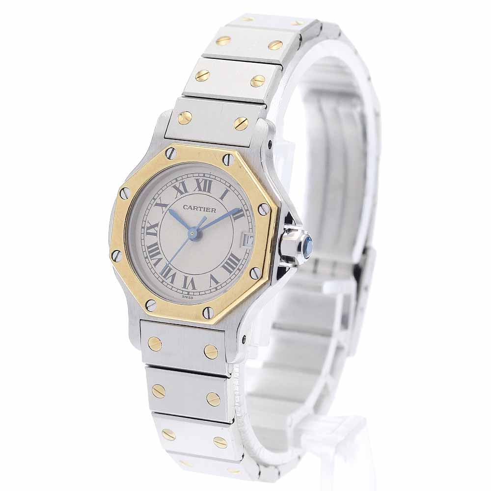 CARTIER Santos Octagon SM Date YG2 tone beige Dial Quartz Ladies Watch_943261