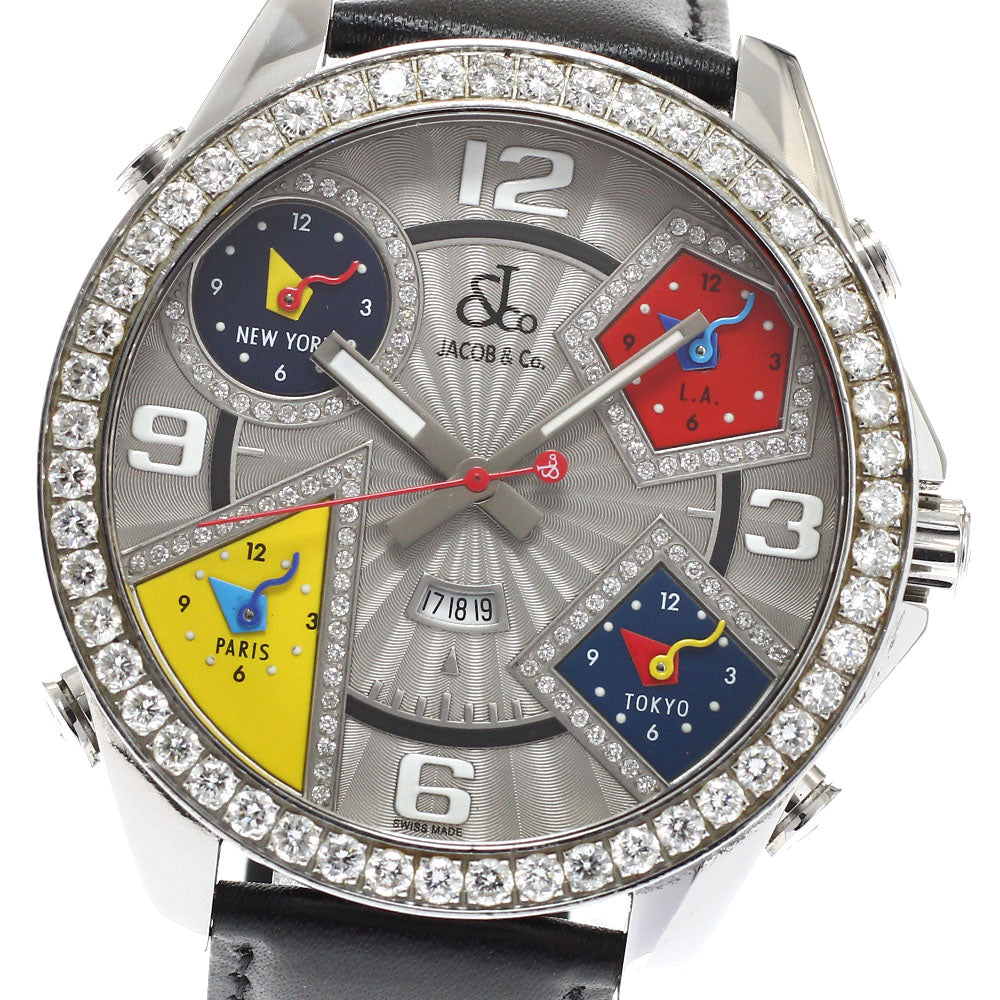 JACOB&CO 5 time zone date diamond bezel gray Dial Quartz Men's Watch_943534