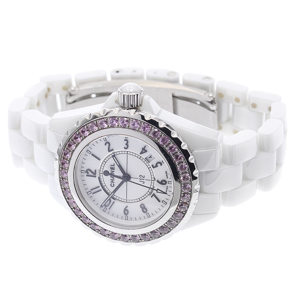 CHANEL J12 H1181 Pink Sapphire Bezel White Dial Quartz Ladies Watch_944373