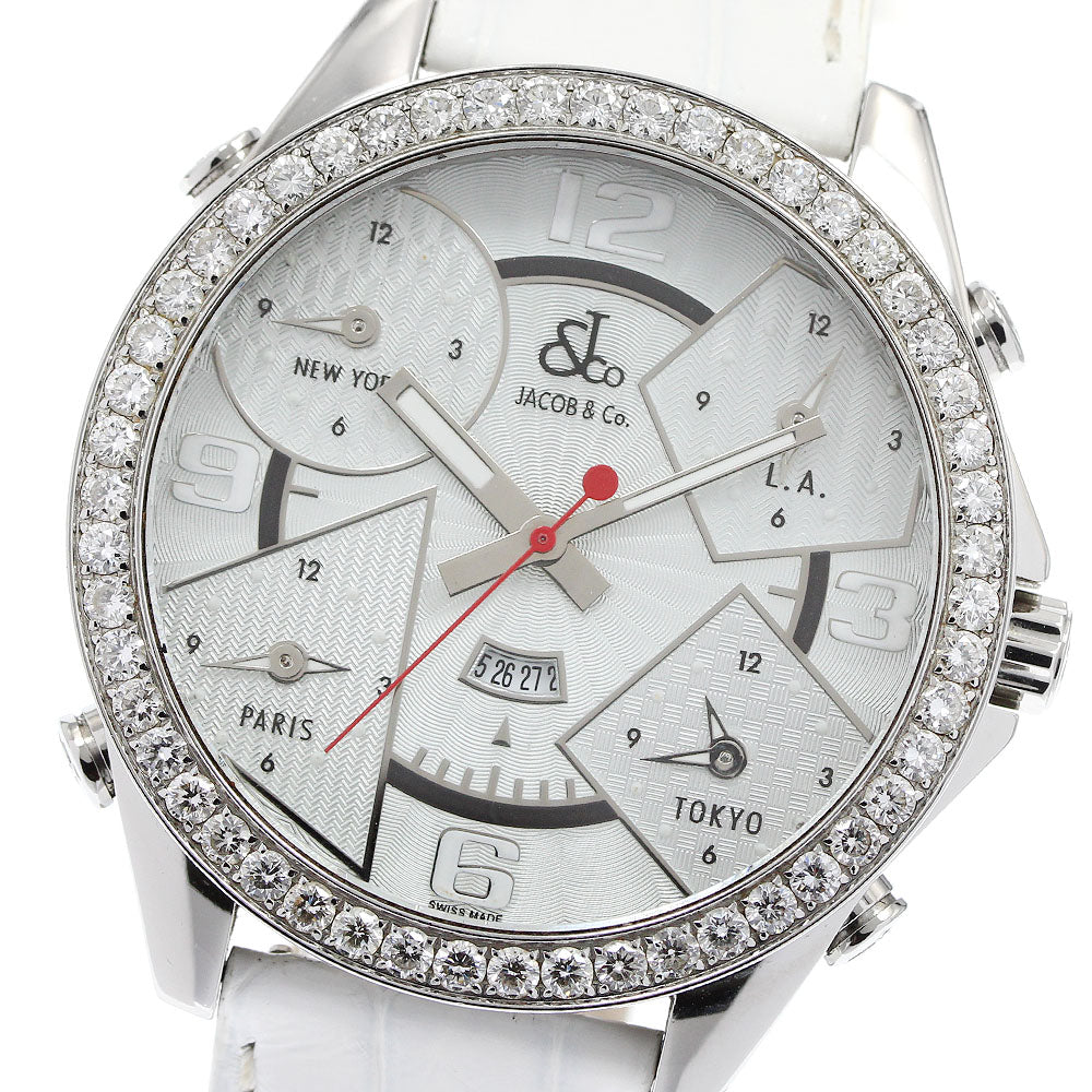 JACOB&CO 5 time zone date diamond bezel Silver Dial Quartz Men's Watch_946560