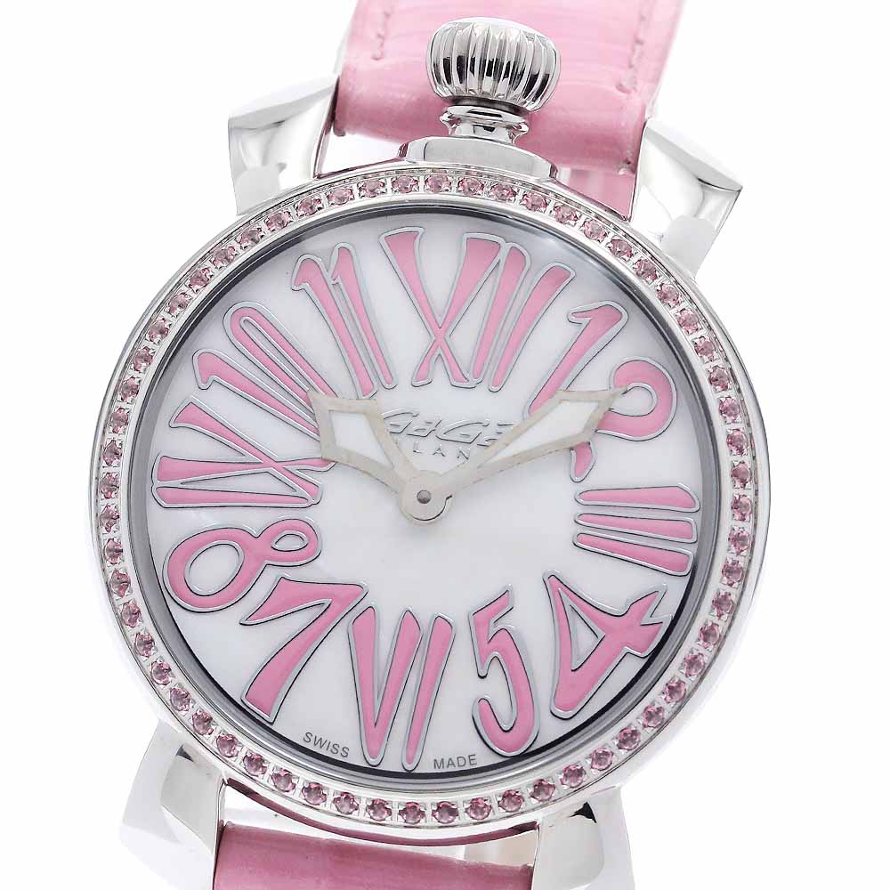 GaGa MILANO Manuale35MM 6025.02 Pink stone bezel, white mother-of-pearl dial White shell Dial Quartz Ladies Watch_947042