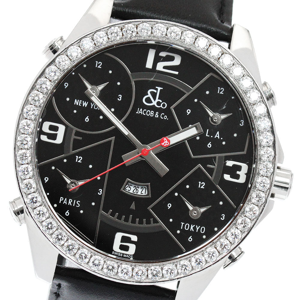 JACOB&CO 5 time zone Date Diamond bezel Black Dial Quartz Men's Watch_947306