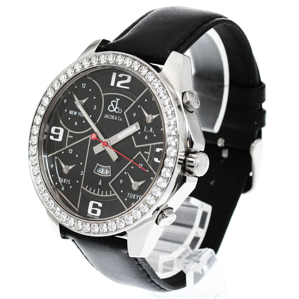 JACOB&CO 5 time zone Date Diamond bezel Black Dial Quartz Men's Watch_947306