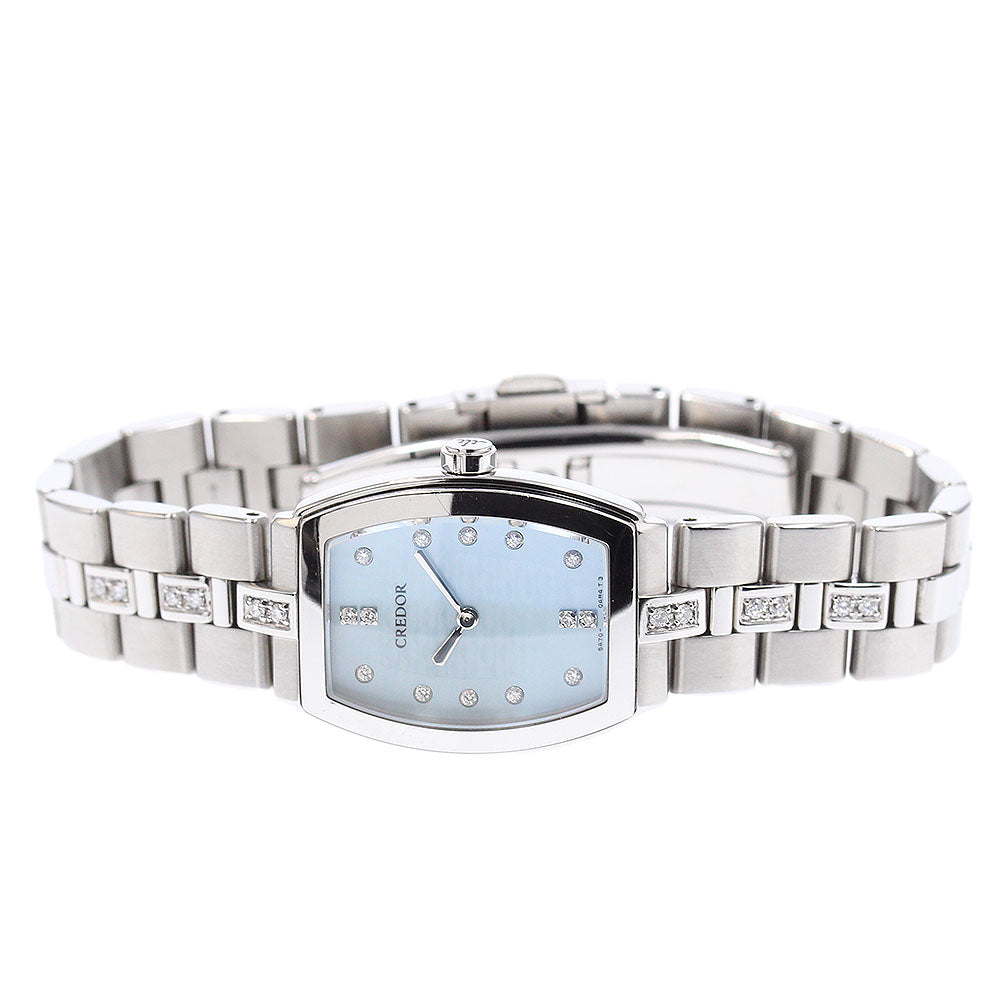 SEIKO CREDOR SIGNO 5A70-0AF0 14P diamond Blue shell Dial Quartz Ladies Watch_950900