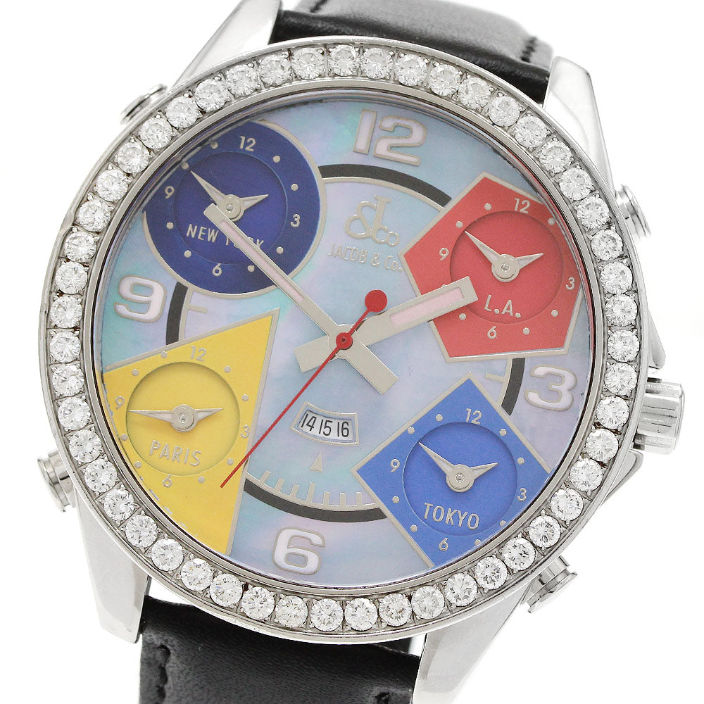 JACOB&CO 5 time zone diamond bezel date blue shell/multicolor Dial Quartz Men's Watch_954677