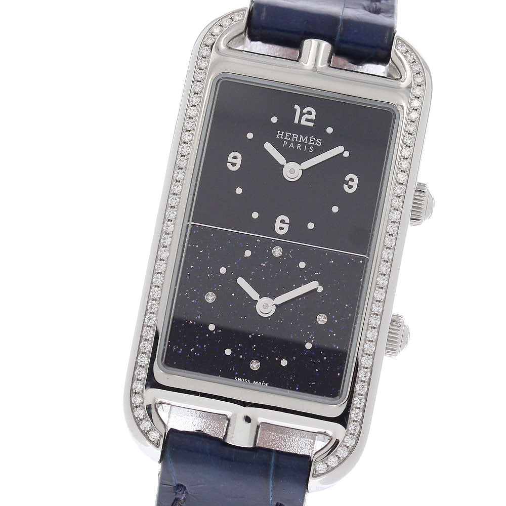 HERMES nantucket dual time NA3.230 Bezel Diamond black Dial Quartz Ladies Watch_975365