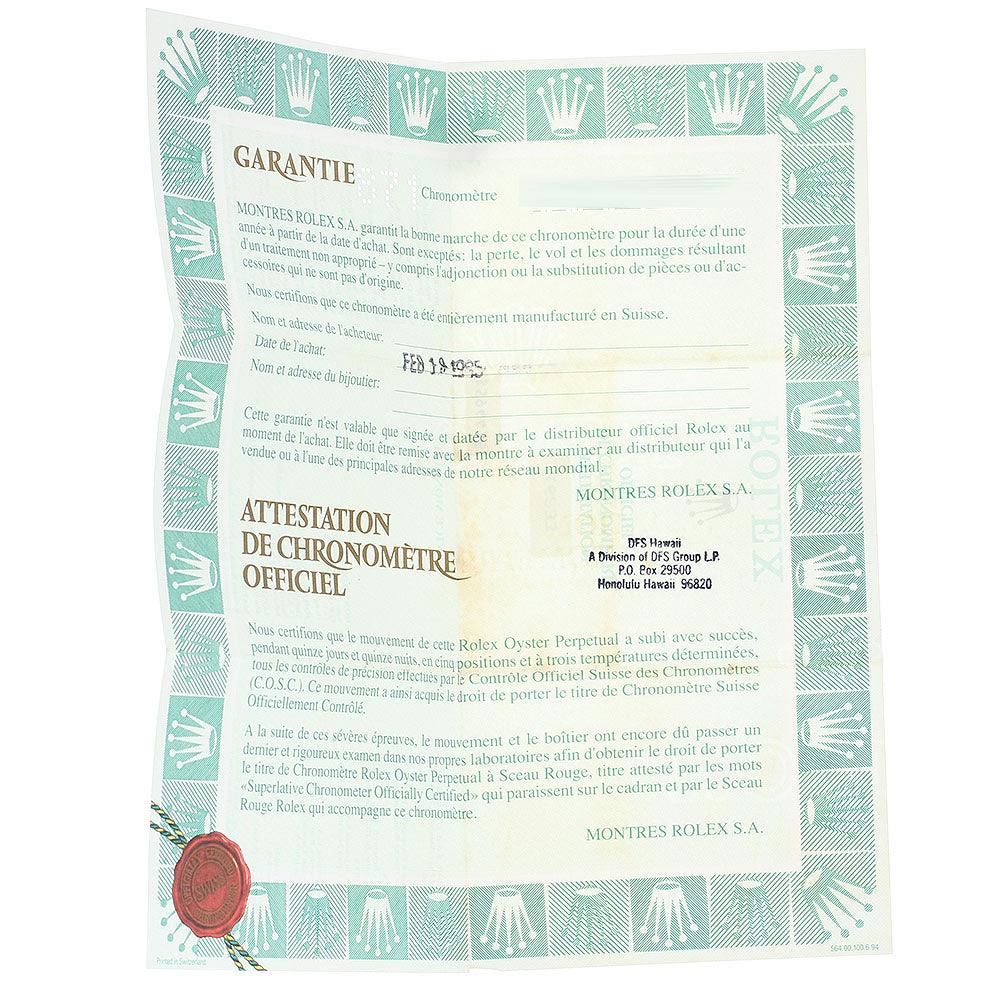 ROLEX 16233 Warranty card Dial Watch_R-1