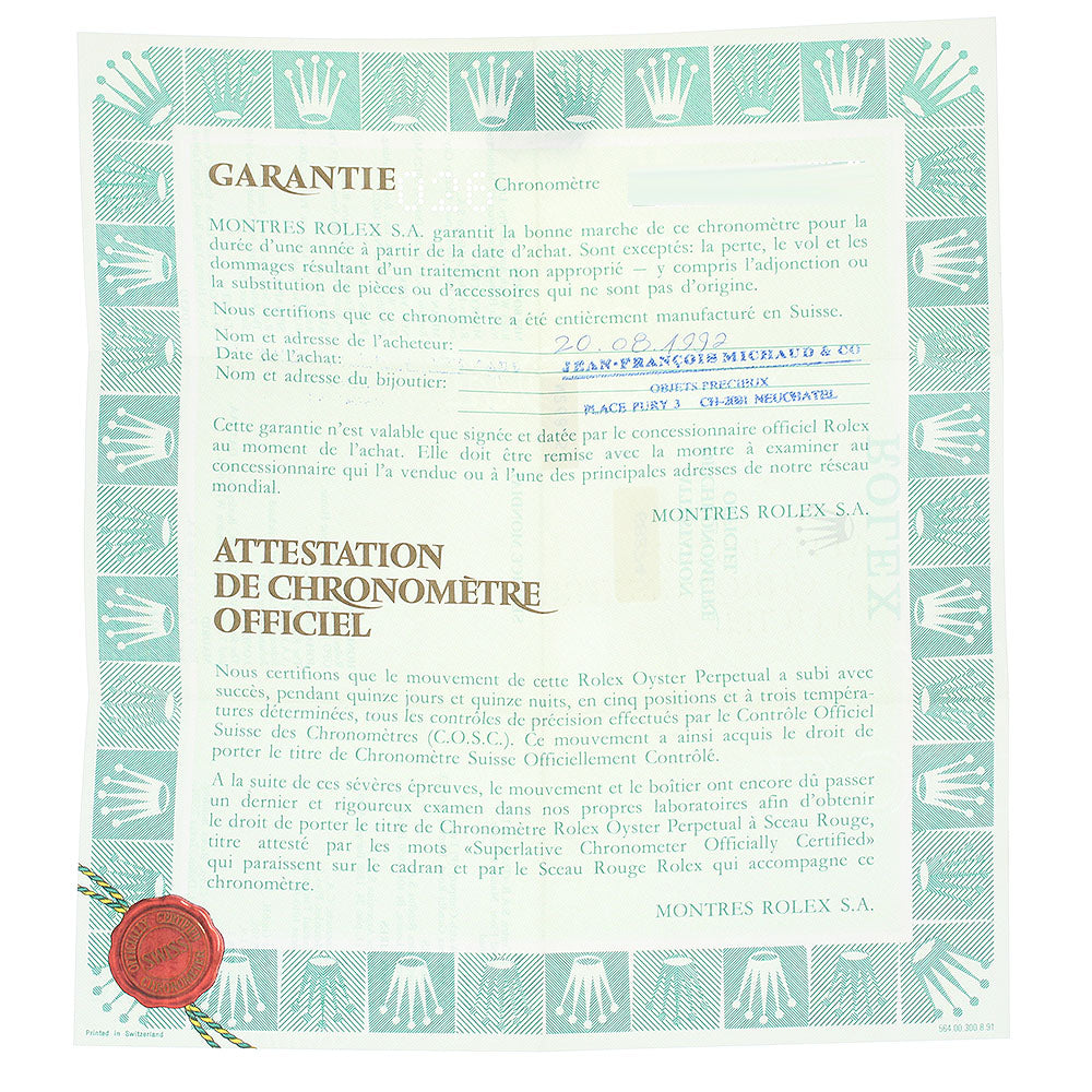 ROLEX 68274G Warranty card Dial Watch_R-7